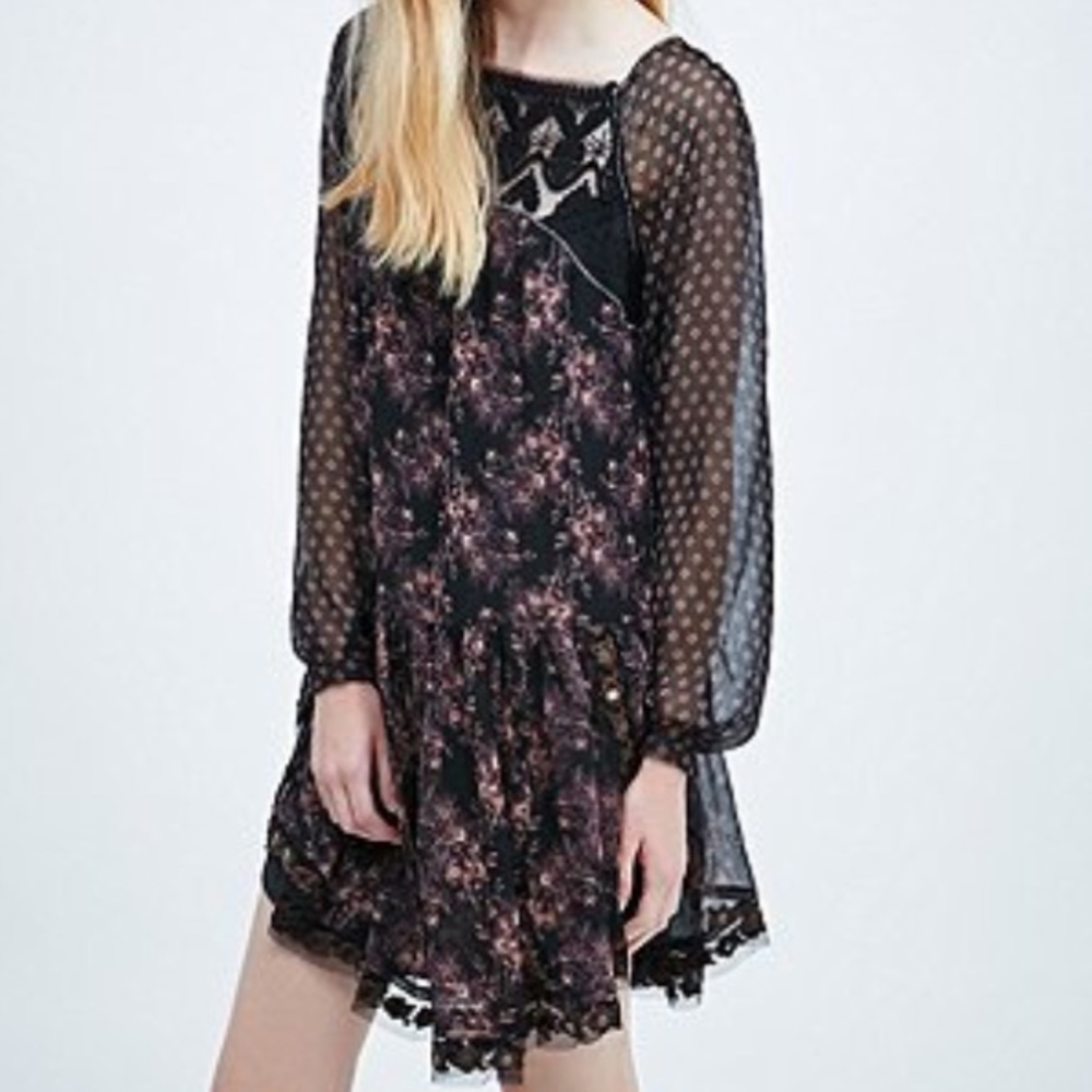 Free People Sheer Dark Romantic Floral Ruffle Mini Dress Size XS Long Sleeve